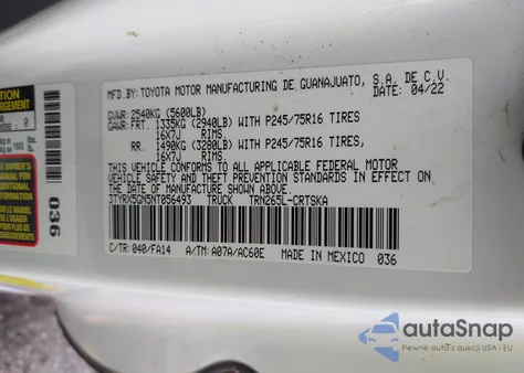 2022 Toyota Tacoma Sr from USA, damaged, VIN 3TYRX5GN5NT056493